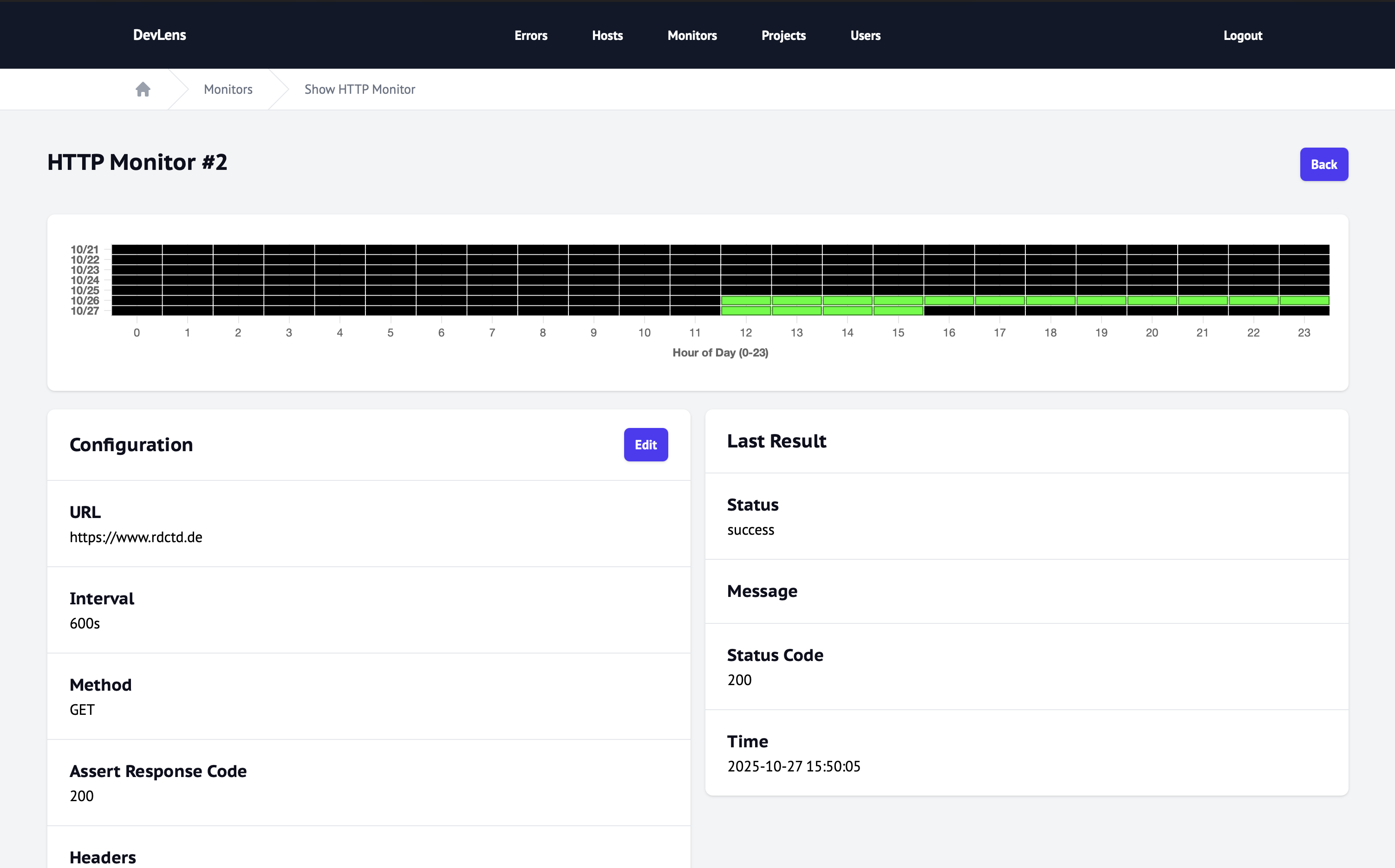Health history of HTTP monitor